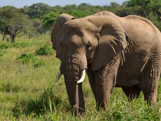 Fototapeta premium Majestic African elephant standing amidst golden savanna grasslands with a lush forest backdrop, capturing the raw beauty of wildlife in its natural habitat