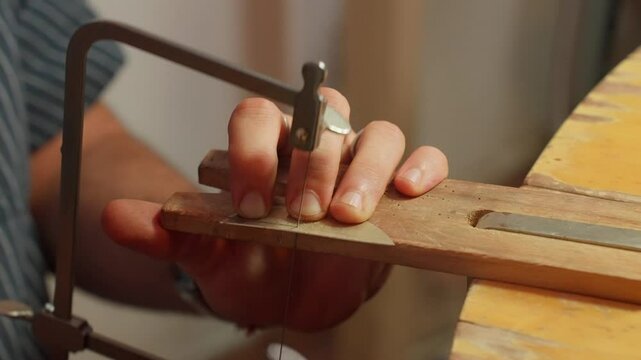 A person guides a saw along a piece of wood, with precision while working in a workshop filled with tools and materials, showcasing woodworking skills.