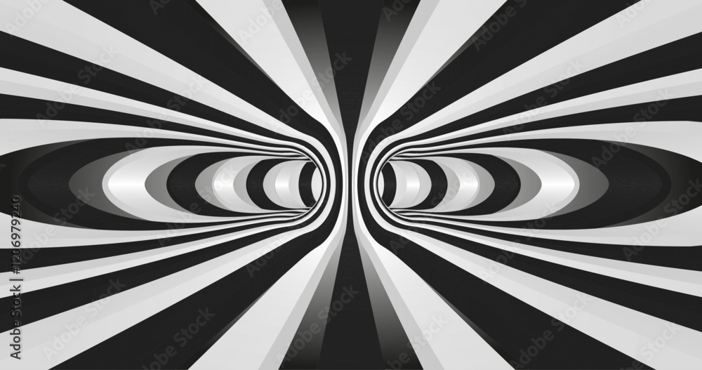 Poster vector black and white striped pattern that creates a 3d optical illusion with curved and distorted 