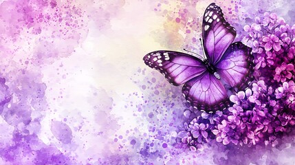 Purple butterfly on lilac flowers, watercolor background, spring nature scene, greeting card design