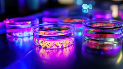 Colorful Petri Dishes with Fluorescent Bacteria Cultures Under UV Light Displaying a Vibrant and Scientific Atmosphere in a Modern Laboratory Environment