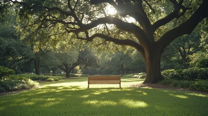 A serene park scene with a wooden bench under a large tree. Concept of relaxation and nature.
