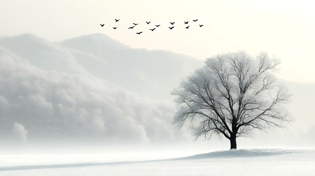 Lone tree winter landscape; birds fly; misty mountains; serene nature scene; calendar, poster