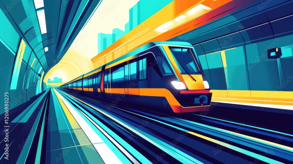 Poster vibrant abstract train depicting fast motion through a tunnel with dynamic colors and geometric shap
