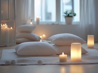 Cozy and Tranquil Indoor Space with Soft Pillows and Candles
