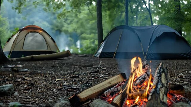 Campsite with glowing campfire surrounded by tents on a summer day, Campsite with a campfire in the daytime during summer ing timelapse background