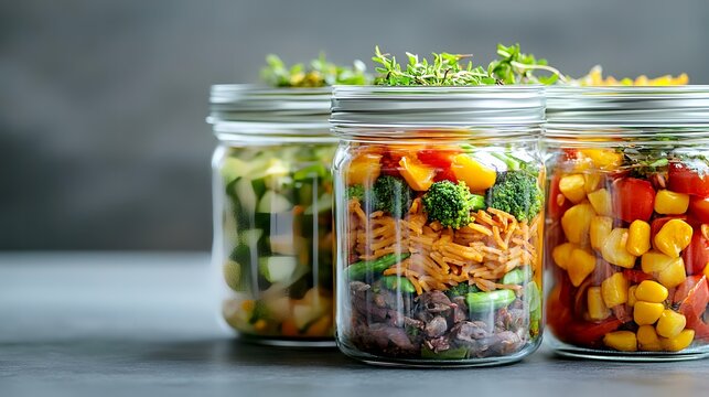 Mason jars layered salads healthy meal prep kitchen background