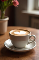 Obraz premium Cup of coffee with cream on the table in the house interior design in color of the year 2025 mocha mousse from Pantone. 