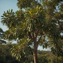 A Senegal mahogany tree with dense foliage and small reddish-brown seed capsules, isolated on white.