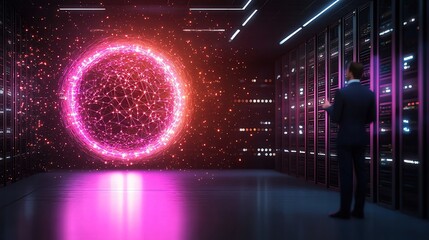 Futuristic data center with glowing portal.