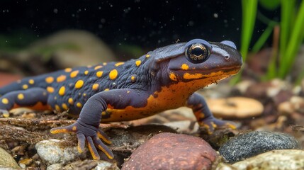 Fototapeta premium Aquatic Salamander Close-up, Pebbles, Plants, Underwater