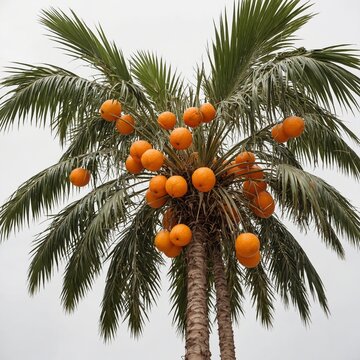 A doum palm tree with multiple stems and small, round orange fruits, isolated on white.
