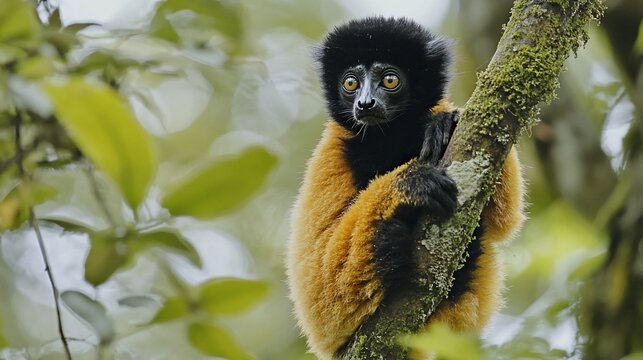 Golden-crowned Sifaka clings rainforest tree Madagascar wildlife conservation