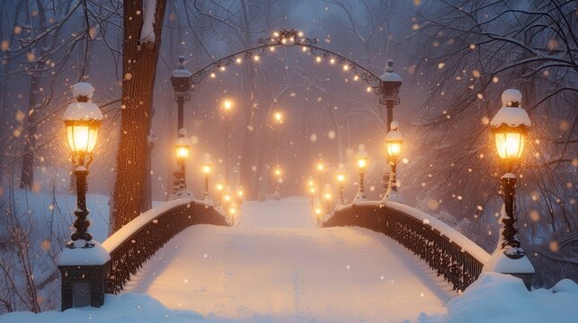 Snowy Park Bridge with Lights and Falling Snow