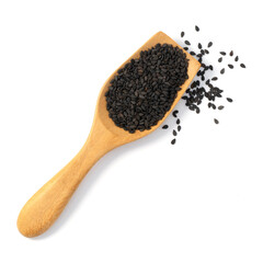 Black sesame in wooden spoon isolated on white background