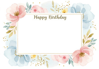 Elegant Watercolor Floral Birthday Frame Pastel Pink Blue Flowers Gold Blank Invitation Template