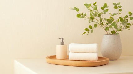 Serene bathroom setup with towels and decor.