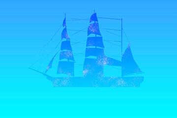 Ship on the sea on blue background