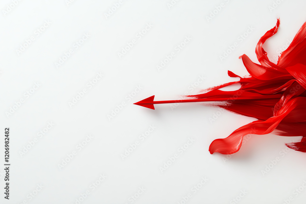 Poster an artistic representation featuring a vibrant red arrow and flowing red elements on a clean white b