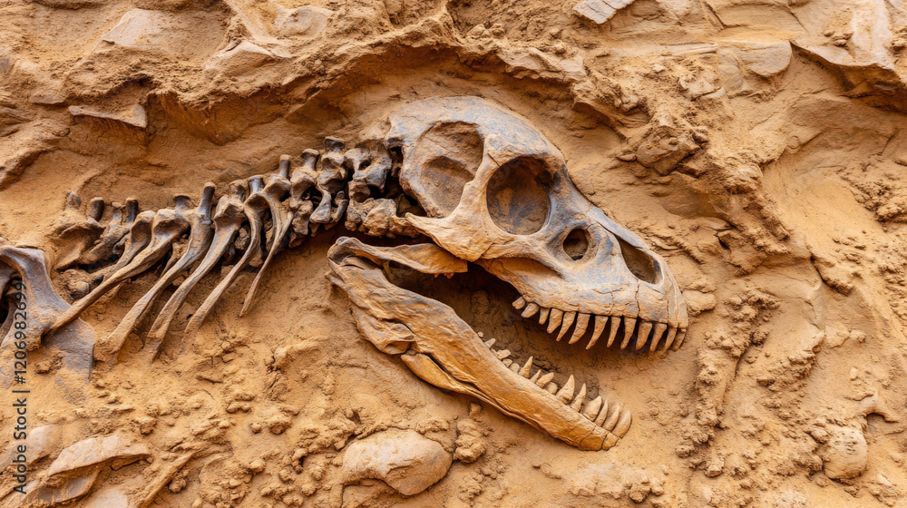 Poster fossilized dinosaur skeleton embedded in sedimentary rock, showcasing intricate details of skull and