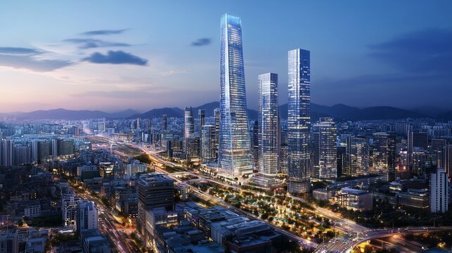 Modern skyscraper city twilight aerial view