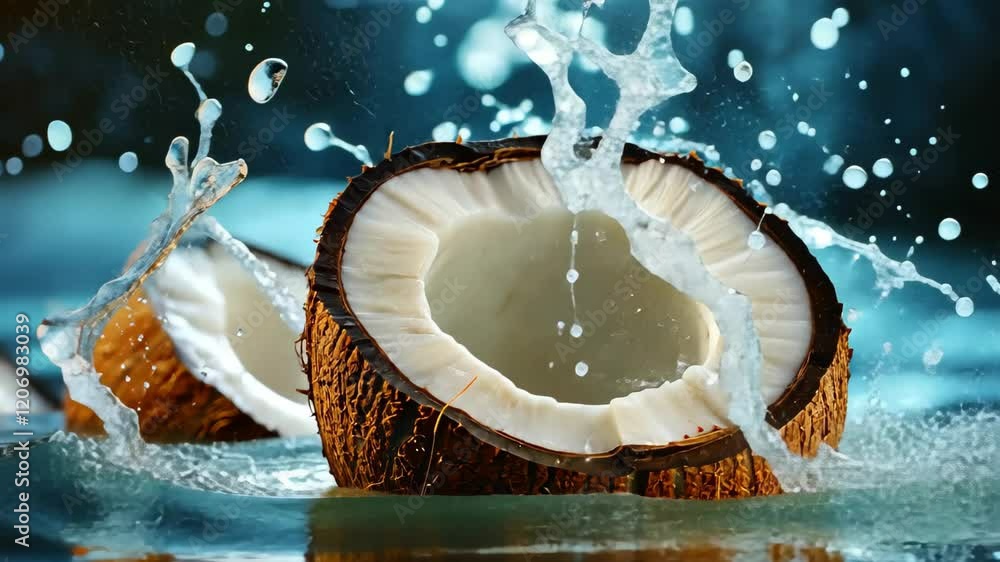 Poster fresh coconuts splash in water creating a refreshing natural scene at dusk, fresh coconut splashing 