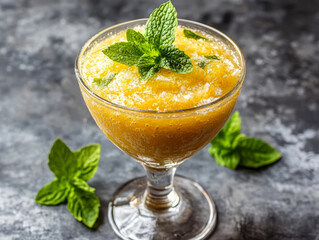 Refreshing mango slush with mint leaves in a stylish glass served on a textured surface
