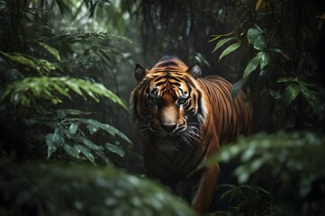 A tiger emerges from behind the bushes of a tropical forest