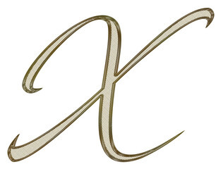 Gold, , ornate, metal 3D letter with metal mesh inside.
