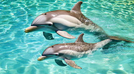 Naklejka premium Dolphin mother and calf swimming together in clear blue water, showcasing their playful nature and grace. beautiful moment of connection in ocean