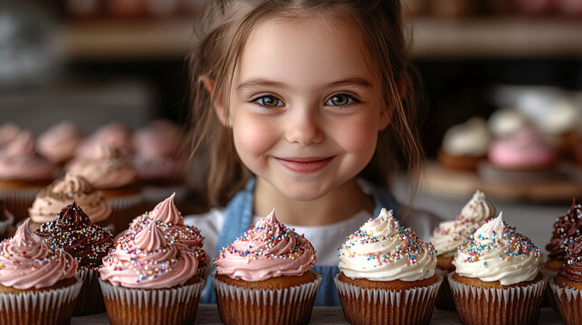 a little girl standing behind a table of cupcakes