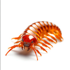 A vivid orange centipede captured in detail, showcasing its intricate body and striking color against a neutral background.