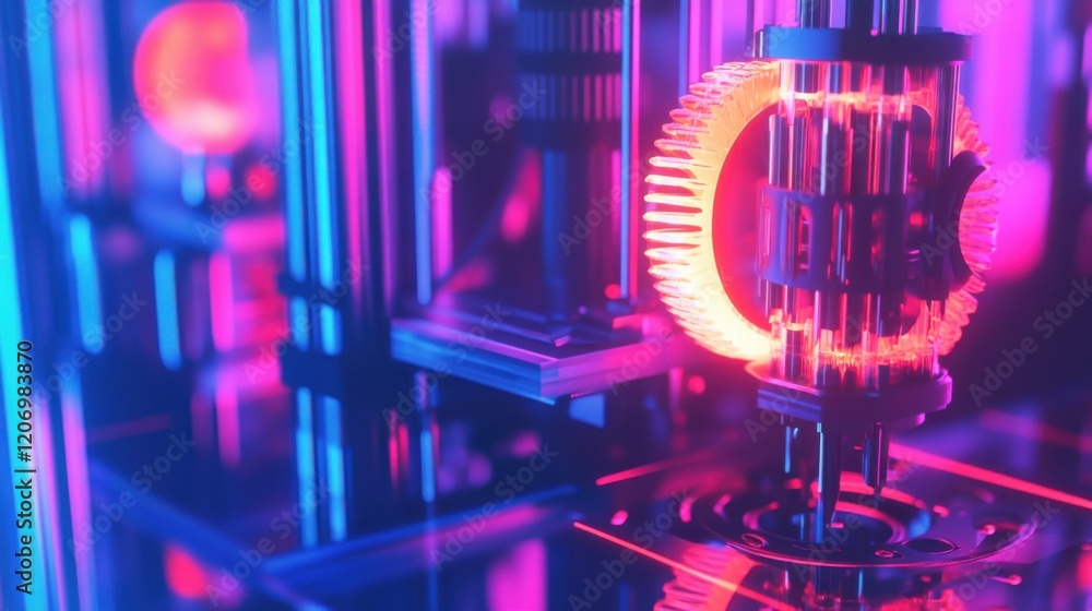 Poster neon light display of abstract technological components with vibrant colors creating a futuristic ae