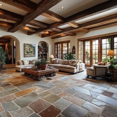 Fototapeta premium Luxurious Living Room With Exposed Wooden Beams And Stone Floor