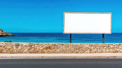 Empty billboard on beachside road with ocean view, surrounded by stone wall. clear blue sky enhances serene atmosphere, inviting creativity and inspiration