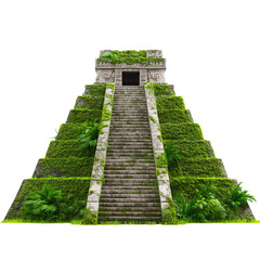 Ancient temple covered in vibrant green moss, symbolizing nature reclaiming historical structures over time.