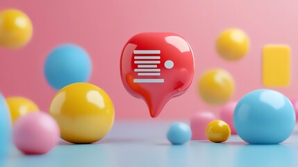 Red 3D message icon floats amidst colorful spheres; pastel background; online communication concept