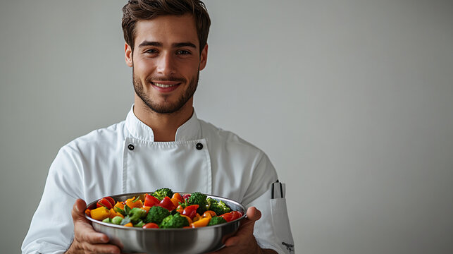 a man holding a bowl of vegetables