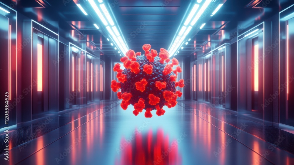 Poster intricate visualization of a virus in a sci-fi environment with neon lighting, representing the impa