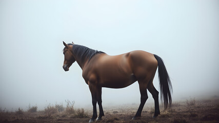 Obraz premium horse dramatic back view in foggy environment. Generative AI