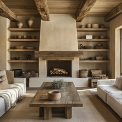 Rustic Living Room Fireplace Design With Wooden Beams