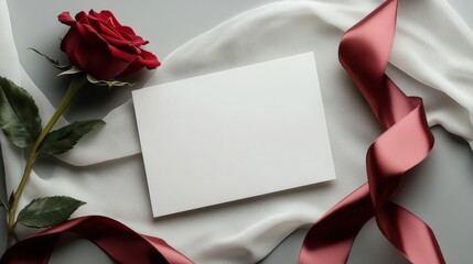 Elegant Blank Greeting Card Surrounded by Silk Ribbon and Rose on Soft Fabric Background for Crafting and Personalization Ideas