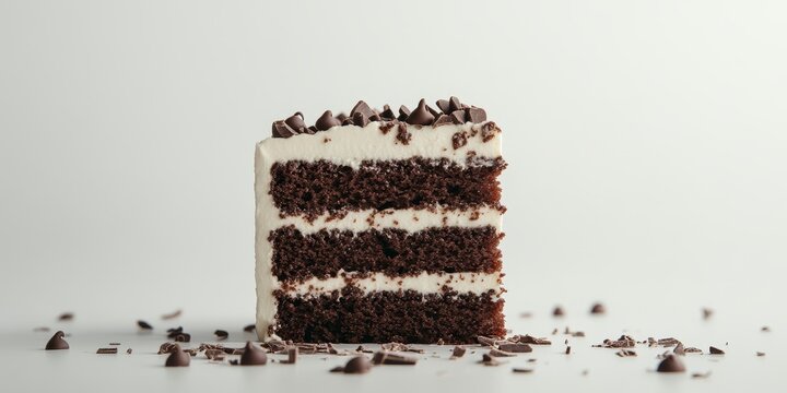 Delicious chocolate cake slice with frosting and chocolate chips.
