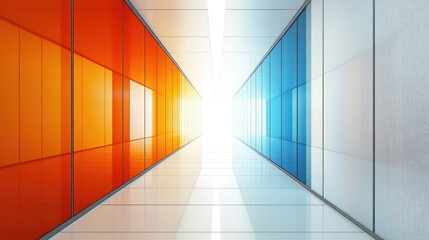 Hyper-realistic low-angle shot of a minimalist interior hallway with vibrant orange and blue panels, illuminated by bright side lighting on a white floor, showcasing a straight perspective design.