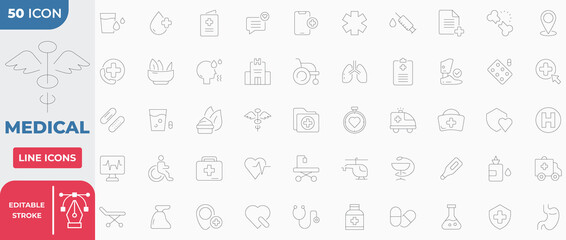 Medical Icon Collection Set. Containing treatment, prevention, medical, health, diagnosis, report, illness, injury and more. Editable Stroke.
