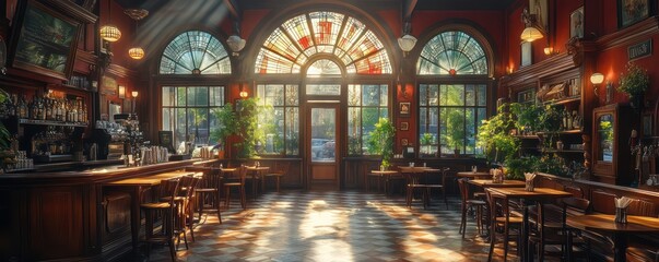 Naklejka premium Sunlit Vintage Cafe Interior: A Serene Morning in a Classic European Bar