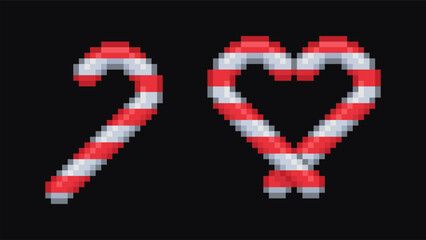 Pixel art candy cane with heart shaped pair. Pixel design embroidery. Vector illustration isolated on a black background.