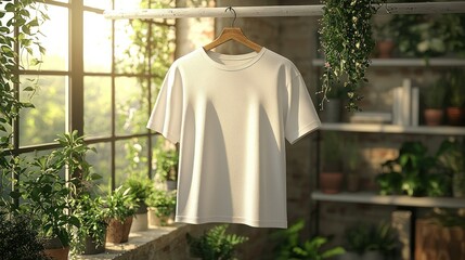 Sunlight Illuminates a Pristine White T-Shirt Hanging in a Greenhouse Setting