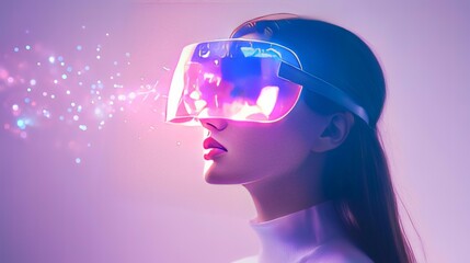 Woman wearing VR headset, exploring digital world, purple background, technology concept