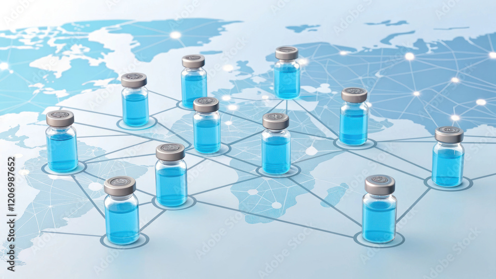 Poster digital representation of interconnected vaccine vials on world map